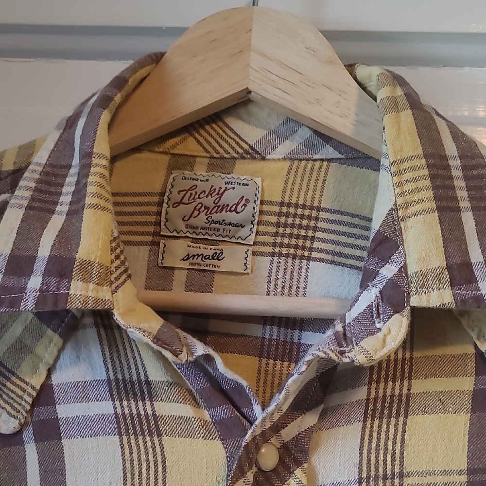 Lucky Brand Men's Casual Western Plaid Shirt - Yellow and Brown